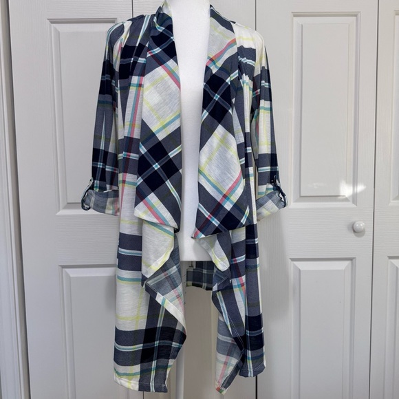 New York Laundry Plaid Open Front Long Drape Cardigan Roll Tab Long Sleeve Blue - Picture 1 of 16